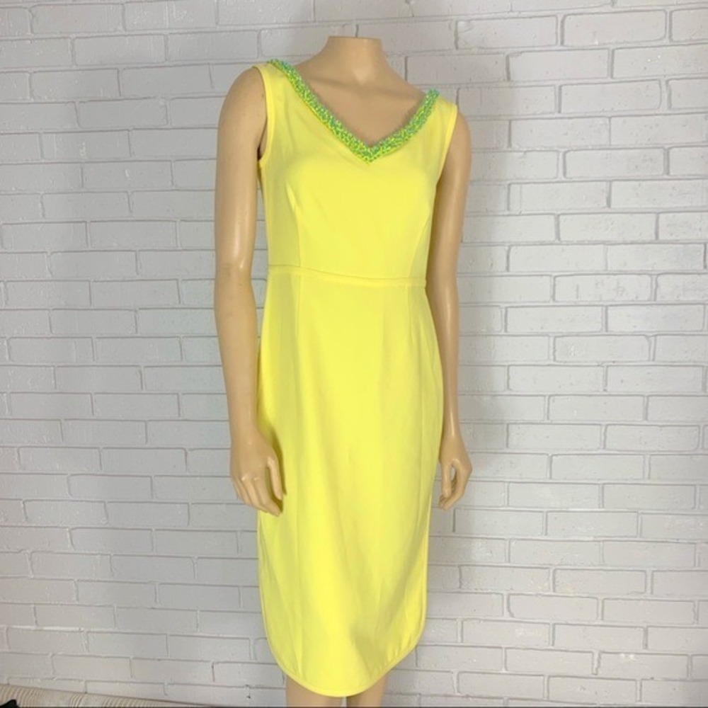 Tory Burch Yellow Portia Beaded V-Neck Sleeveless Sheath Dress NWT Sz 4 - Picture 2 of 9